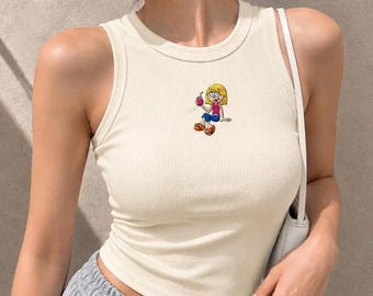 Lizzie Mcguire Embroidered Tank Top, Lizzie McGuire Disney Top, Y2K Blonde Girl Tank, 2000s Nostalgia Cartoon Girl, Summer Vacation Outfit