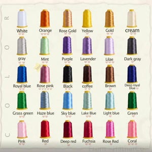 May include: A colour chart of embroidery thread spools in various colours, including white, orange, rose gold, yellow, gold, cream, grey, mint, purple, lavender, lilac, dark grey, royal blue, rose pink, black, coffee, brown, deep royal blue, grass green, haze blue, sky blue, lake blue, light blue, green, pink, red, deep red, fuchsia, rose red, and coral. Each spool is labelled with its colour name.
