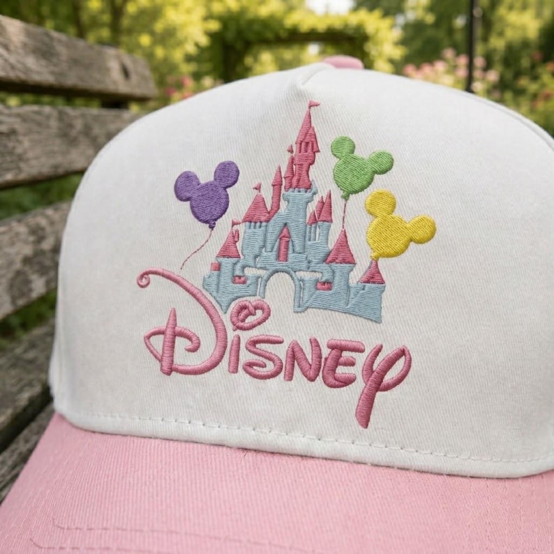Puede incluir: Gorra de b&eacute;isbol blanca y rosa con un dise&ntilde;o bordado del castillo de Disney y globos de Mickey Mouse. La palabra "Disney" est&aacute; bordada en rosa. La gorra tiene una visera rosa y una corona blanca, perfecta para fans de Disney.