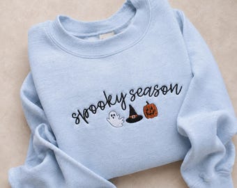 Spooky Season Embroidered Sweatshirt, Halloween Ghost Pumpkin Crewneck, Hat Embroidery Sweater, Cute Fall Sweatshirt, Halloween Gift for Her