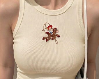 Débardeur brodé en côtes Jessie Cowgirl, tenue d'été esthétique cow-boy Disney Y2K, t-shirt sans manches esthétique rodéo vintage pour femme