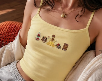 Débardeur brodé La Belle et la bête, haut court livresque belle bête rose, cadeau vêtements Fairycore Cottagecore pour elle, princesse Disney