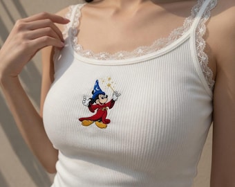 Embroidered Disney Mickey Fantasia Ribbed Cami Tank Top, Cute Disney Magic Mickey Tank, Coquette Y2K Aesthetic, White Lace Trim Baby Tee