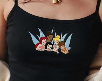Débardeur brodé princesse fée, fée clochette et amis groupe de fées mignon, haut d'été princesse Disney Fairycore, cadeau fantaisiste meilleur ami
