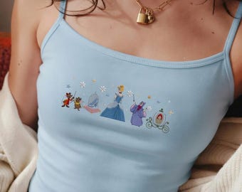 Camiseta sin mangas bordada de Cenicienta, camiseta sin mangas con el vestido de Cenicienta, la carroza del castillo y la zapatilla de cristal, top delicado con estética Disney para mujer, conjunto Disney.