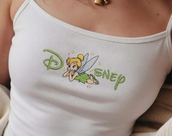 Top corto bordado de Campanilla, top de verano estilo Fairycore de princesa Disney, camiseta sin mangas acanalada, estética Fairycore, lindo regalo de moda Y2K para ella.