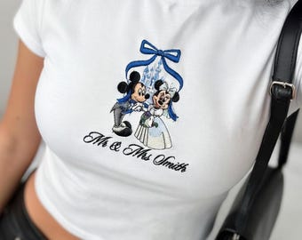 Disney Mr & Mrs Custom Baby Tee, Personalized Mickey Minnie Happily Ever After Matching Crop Top, Honeymoon Couple Shirts