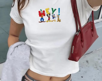 Embroidered Disney Hey Mickey Donald Goofy Pluto Baby Tee - Cute Mickey And Friends Disney Tee, Retro Disney Shirt, Gift for Disney Lover