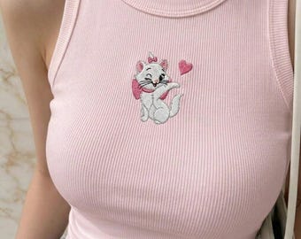 Débardeur brodé chat Marie de Disney, haut court côtelé, jolie chemise aristochats, caraco esthétique de l'an 2000, chemise d'été kawaii, cadeau pour amoureux des chats