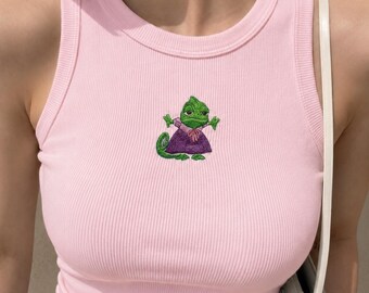 Débardeur brodé caméléon Disney, Raiponce princesse Disney, débardeur court côtelé doux, haut esthétique Fairycore Y2K, cadeau Disney rigolo