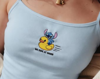 Stitch Embroidered  Crop Tank Top, Stitch Spaghetti Strap Tank, Cute Disney Ohana Top, Womens Y2K Aesthetic Cami, Shirt Gift For Her