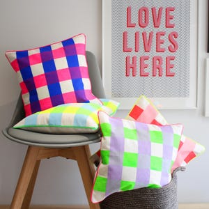 Neon check screen printed cushion pillow