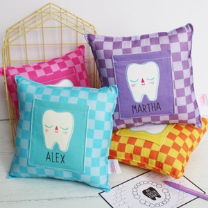 Coussin personnalisé fée des dents, oreiller, oreiller dent en damier