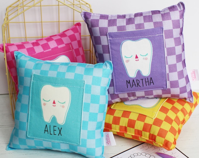Personalized Tooth Fairy Pillow: Checkerboard Cotton Cushion