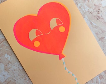 Neon Heart Balloon Screen Print Poster