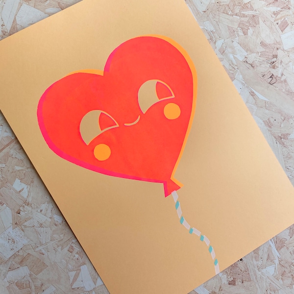 Neon Heart Balloon Screen Print Poster