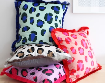 Large Leopard Print Fringed Velvet Cushion Pillow, bright decor