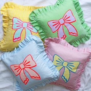 Stripe Bow Frill Cushion Pillow, screen printed cushion, bright decor