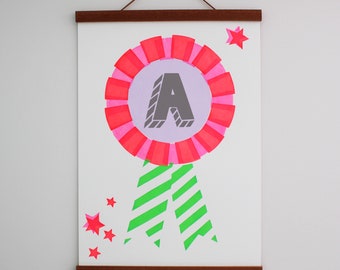 Personalisierte Initialen Rosette Siebdruck, Kinderzimmer, benutzerdefinierte Namenskunst, Kinderzimmer Kunst, bunter Buchstabendruck, benutzerdefinierter Alphabetdruck