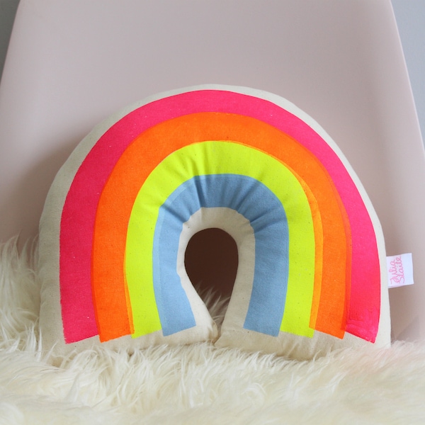 Cojín arco iris, almohada arco iris, almohada de cojín serigrafiada de algodón orgánico para niños