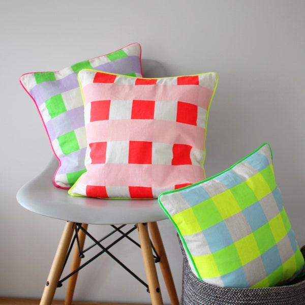 Neon check screen printed cushion