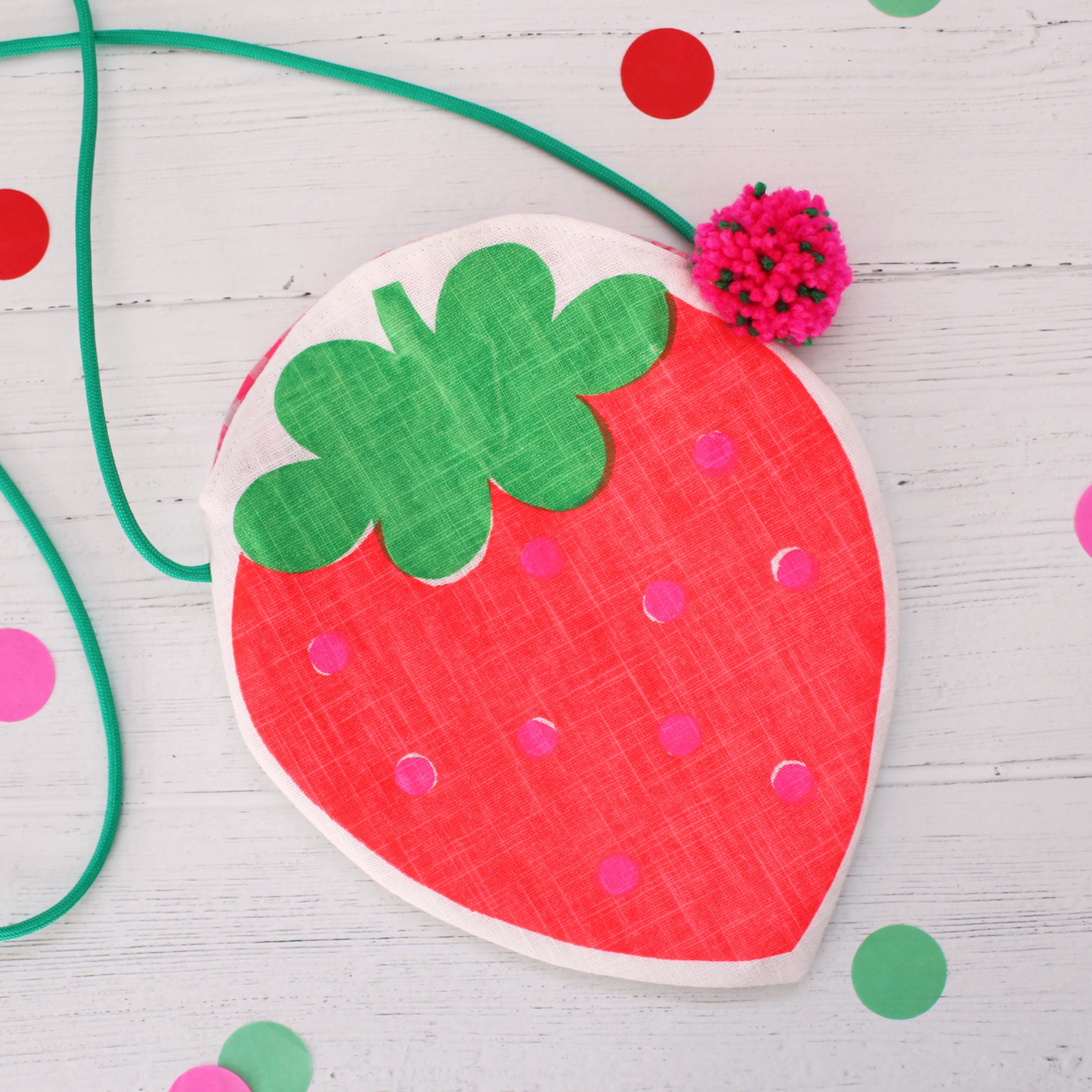 Strawberry Kids Crossbody Bag: Neon Linen Fruit Bag with Pompom