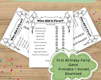 Juego imprimible "Quién lo hizo primero", juego de adivinanzas para padres en su primer cumpleaños, divertida actividad de fiesta para niños de un año, descarga instantánea