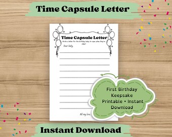 Time Capsule Letter Printable, First Birthday Keepsake Activity, Letter to the Birthday Baby, Family Memory Page, Instant Download