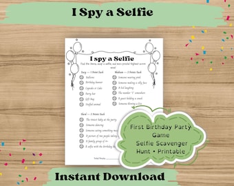 Juego "Veo, veo, veo" para imprimir, búsqueda del tesoro de selfies para fiestas, actividad fotográfica para el primer cumpleaños, divertido juego para fiestas, descarga instantánea