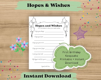Hopes and Wishes for Baby Printable, First Birthday Keepsake Page, Birthday Party Activity for Family, Instant Download