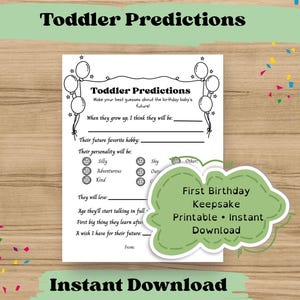 Può includere: Un foglio stampabile bianco "Previsioni per bambini piccoli" con illustrazioni di palloncini e stelle. Il foglio include sezioni da compilare per hobby futuri, personalità e desideri. Sono visibili anche le parole "Ricordo del primo compleanno, stampabile, download immediato".