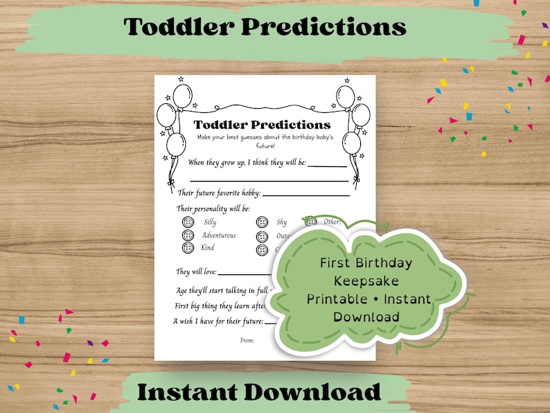 Toddler predictions printable game, first birthday keepsake activity where guests guess what the baby’s toddler years will be like