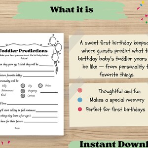 A sweet first birthday keepsake where guests predict what the birthday baby’s toddler years will be like — from personality to favorite things.
Thoughtful and fun, makes a special memory, perfect for first birthdays.