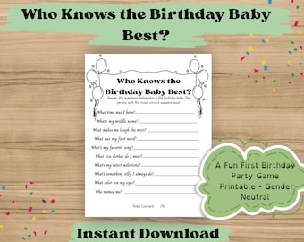 Trivia de primer cumpleaños, ¿Quién sabe quién es el mejor bebé del cumpleaños? Juego imprimible, actividad divertida para fiestas de todas las edades, descarga instantánea.