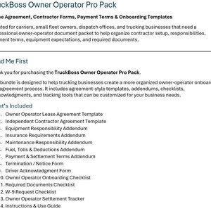 Pode incluir: A imagem mostra o "TruckBoss Owner Operator Pro Pack", um pacote de documentos para empresas de transporte rodoviário. Inclui modelos para contratos de arrendamento, formulários de contratados e integração. O pacote visa simplificar a configuração de contratados.