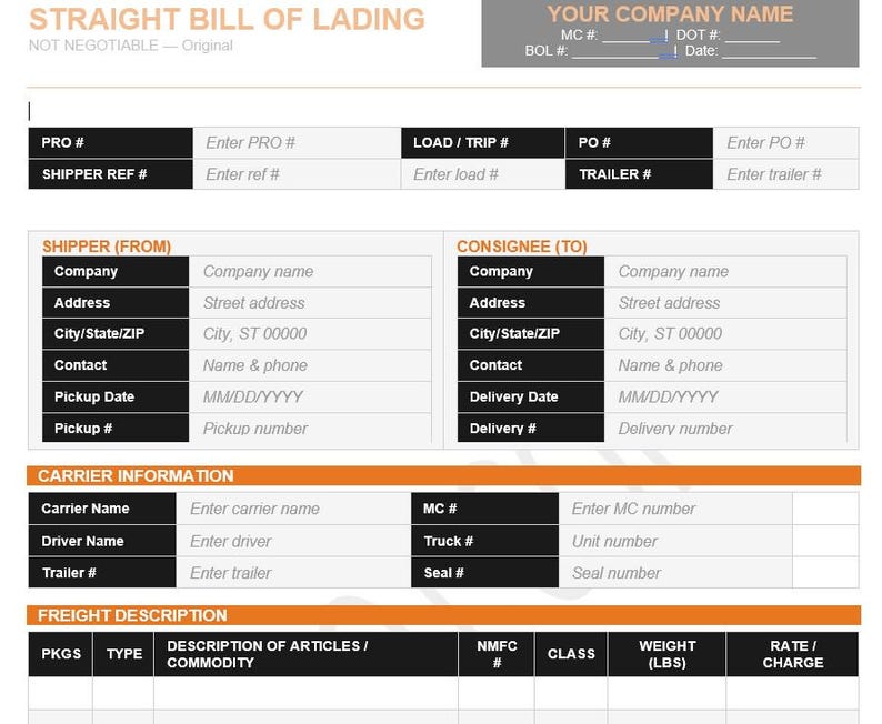 Weight Bill Straight Bill of Lading (BOL) Orange Theme Template - Etsy