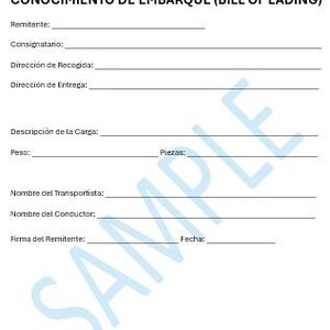 May include: A white document titled "CONOCIMIENTO DE EMBARQUE (BILL OF LADING)" with several blank lines for information. The word "SAMPLE" is diagonally across the document in blue.
