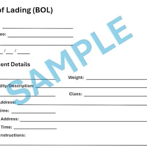 Könnte beinhalten: Ein weißes Dokument mit dem Titel "Bill of Lading (BOL)" mit Feldern für Absender, Empfänger, Spediteur und Datum. Enthält Abschnitte für Versanddetails, Menge, Warenbeschreibung und Gewicht.