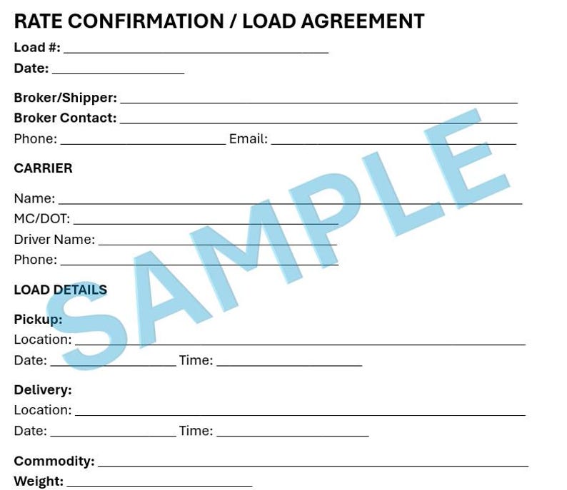 Rate Loading Information Sample Rate Confirmation/load Agreement - Etsy