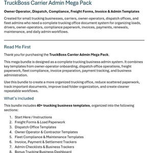 Pode incluir: A imagem exibe o texto "TruckBoss Carrier Admin Mega Pack". Lista modelos para empresas de transporte rodoviário, incluindo formulários de operador, expedição e conformidade. O pacote inclui mais de 40 modelos para diversas necessidades.