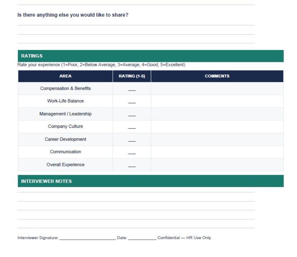 Interview Signature Paper Employee Exit Interview Form | Offboarding Survey Template (PDF) - Etsy
