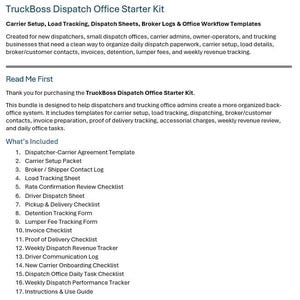 May include: A document titled "TruckBoss Dispatch Office Starter Kit" with a list of included templates for carrier setup, load tracking, and dispatch sheets. The document is designed for dispatchers and trucking office admins.