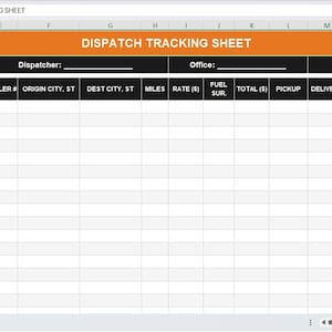 May include: A spreadsheet titled "DISPATCH TRACKING SHEET" with an orange and black header. The sheet includes columns for tracking load, date, driver, truck, origin, destination, miles, rate, fuel, and other logistics information. The document is a dispatch log.