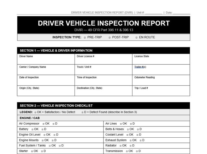 Freight Driver Vehicle Inspection Report DVIR PDF - Etsy