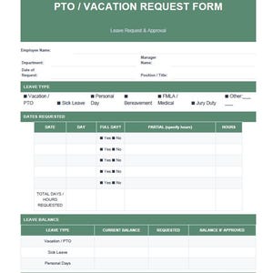 Könnte beinhalten: Ein grünes und weißes PTO/Urlaubsantragsformular. Das Formular enthält Abschnitte für Mitarbeiterinformationen, Urlaubsart, angeforderte Daten, Urlaubsguthaben und einen Deckungsplan. Das Formular dient zur Beantragung von Auszeiten.