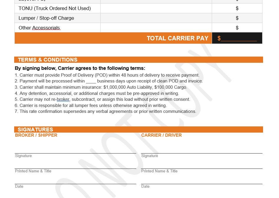 Rate Confirmation/load Agreement Template - Orange Theme - Etsy