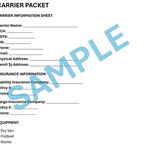 May include: A white Carrier Packet form with the text "CARRIER PACKET" at the top. The form includes sections for carrier information, insurance details, and equipment types. A light blue "SAMPLE" watermark is across the page.