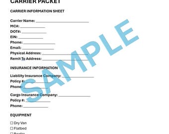 May include: A white Carrier Packet form with the text "CARRIER PACKET" at the top. The form includes sections for carrier information, insurance details, and equipment types. A light blue "SAMPLE" watermark is across the page.