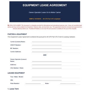 Owner-Operator Lease Agreement | Truck Equipment Contract (49 CFR Part 376 Compliant)