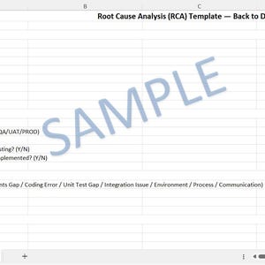 May include: A spreadsheet titled "Root Cause Analysis (RCA) Template - Back to Dev Review." The document is divided into sections including Basic Information, Issue Summary, Root Cause Identification, and Contributing Factors. A watermark of the word "SAMPLE" is visible.